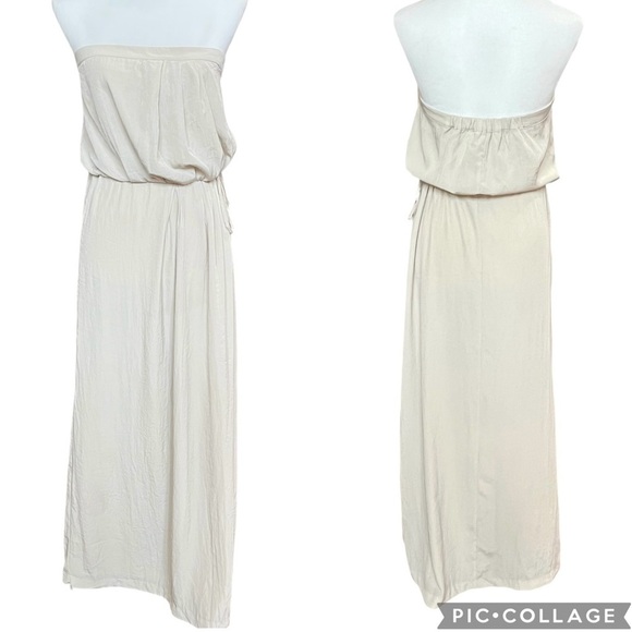 GAP Maxi Dress Size Medium Beige Strapless Satin Drawstring Party Cruise Summer - Picture 1 of 9